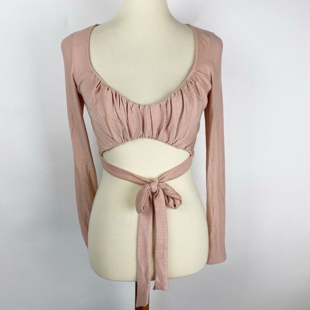 Urban Outfitters Textured Cutout Tie-Waist Long Sleeve Crop Top Womens S Pink